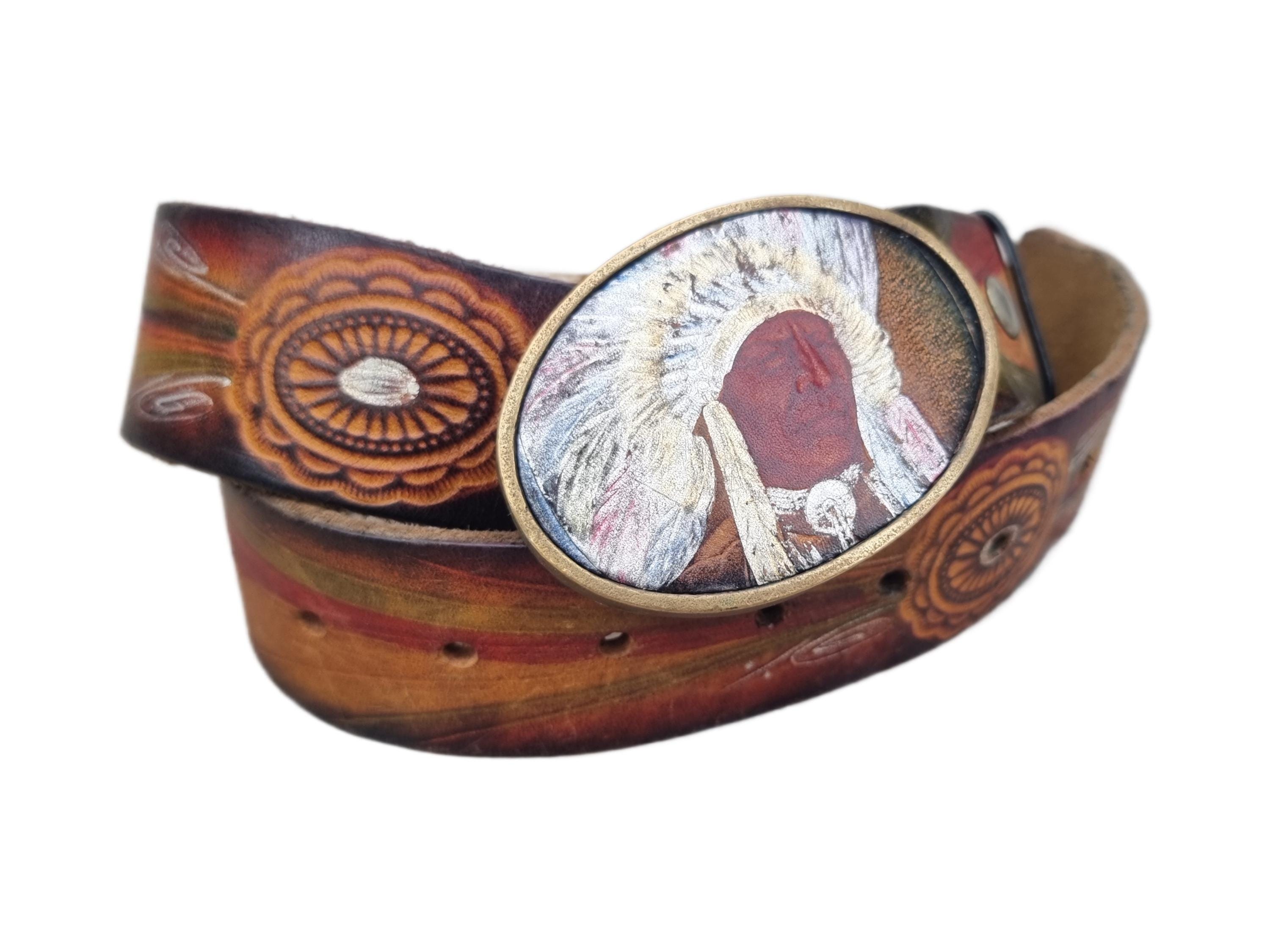 Vintage Tooled Leather Belt Painted Native Geometric Symbol Western Brass Buckle Hand-tooled Leather Belt With Buckle Vintage 1970 main image 3