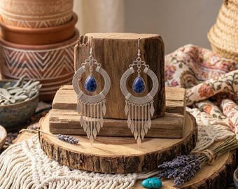 Pendientes colgantes de lapislázuli / Pendientes bohemios peruanos en tono plata / Pendientes de piedras preciosas en forma de lágrima hechos a mano / Joyería de estilo bohemio vintage