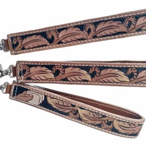Western feather tooled leather keychain lanyards, replacement bag strap, large leather wristlet, vintage cowgirl purse strap, car key fob