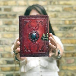 Triple moon leather diary with stone, handmade leather journal crystal, women&#39;s travel notebook, office sketchbook for her, book of shadows
