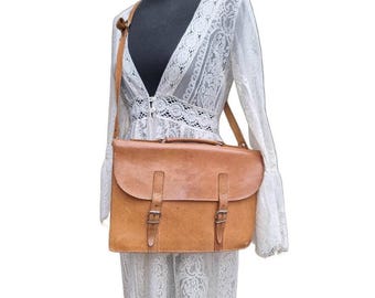 Bolso bandolera de piel vintage de los años 70: maletín para portátil de 15"