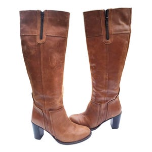 Tan brown knee high genuine leather boots with block heel - size 38, uk 5, us 7