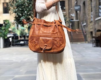 Extra Large Tooled Leather Shoulder Bag: Moroccan Boho Purse
