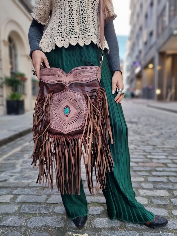 Extra Large Western Fringe Leather Bag / Turquoise Navajo Style