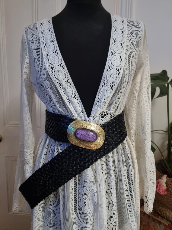 Braided Black Leather Belt: Western Silver Buckle, Boho  display picture 2