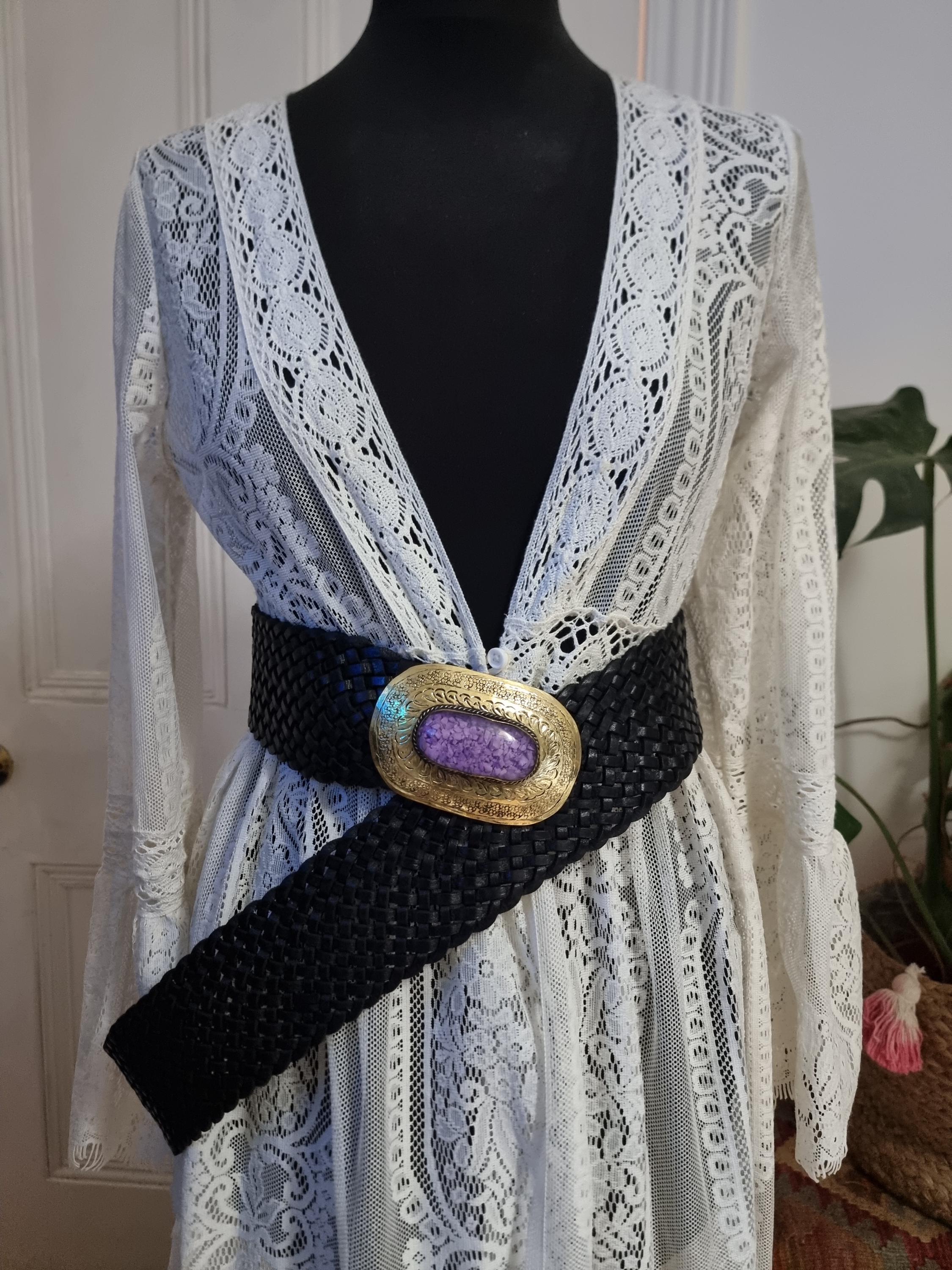 Braided Black Leather Belt: Western Silver Buckle, Boho 