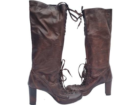Victorian Lace-Up Leather Boots: Y2K Goth High Heel Platform - US 9