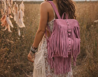 Tan Leather Fringe Backpack, Women display picture 1