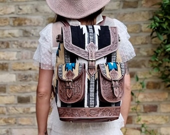 AZTEC LEATHER BACKPACK - Navajo Blanket Western Bag - Tooled Leather Rucksack for Women - Large Country Festival Purse