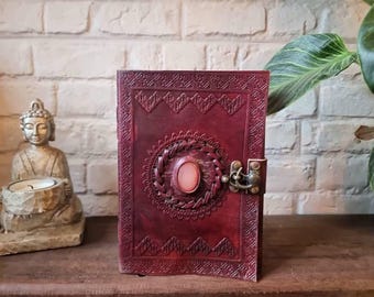 Tooled Leather Journal with Lock: Boho Travel Diary, Gemstone Detail