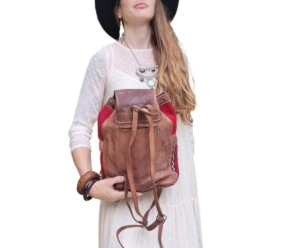 Vintage Kilim Leather Backpack: Moroccan Berber Travel Bag 