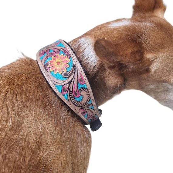 Hand Tooled Leather Dog Collar: Sunflower Boho Western Style