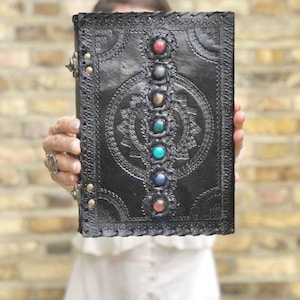 Large leather notebook, 7 chakra stone journal hippie yoga, women&#39;s leather journal vintage, leather diary for her, photo album, spell book