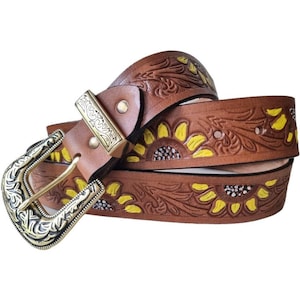Tooled sunflower leather belt, western buckle belt for women, carved floral leather belt, hand painted flower belt vintage