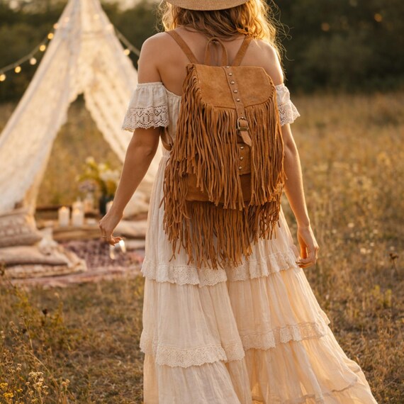 Black Suede Fringe Backpack, Boho Leather Rucksack, Western  display picture 3
