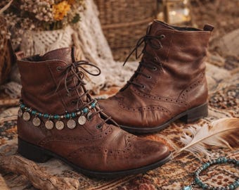 Leather Brogue Ankle Boots 40, Lace Up Boots Women, Cottagecore Fashion, Boho Leather Shoes 6.5, Vintage Booties