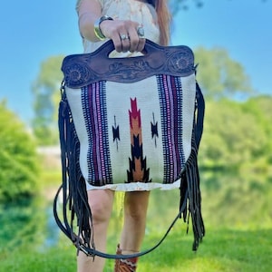 Handcrafted Aztec Leather Bag with Western Tassel - Boho Chic Shoulder Purse