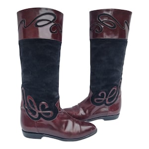 Knee high leather western boots uk 4 eu 37 - 70s vintage boots for women us 6 - cowboy booties black brown - boho festival outfit
