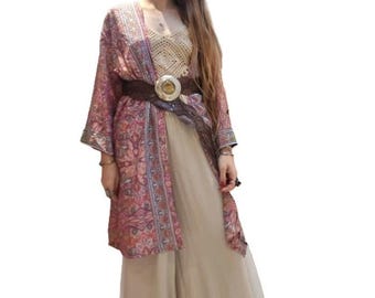 Boho Silk Kimono Jacket: Flared Sleeves, Beach Cover Up