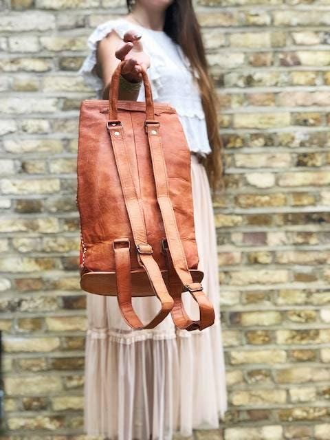 Embroidered Leather Boho Backpack: Large Tapestry Rucksack  display picture 1