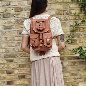 70s vintage leather backpack, hippie rucksack tan, handmade leather bag boho, small women city backpack, medium hiking travel backpack gift
