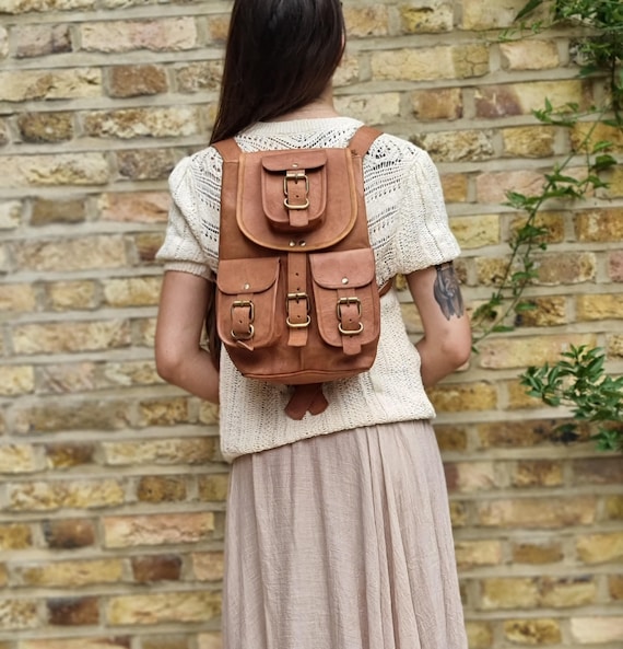 70s Style Leather Backpack: Handmade Tan Rucksack, Brass Buckles - Etsy 70s Style Leather Backpack: Handmade Tan Rucksack, Brass Buckles - Etsy