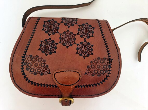Unique 70s Style Tooled Leather Bag - Hand-embossed Boho Shoulder