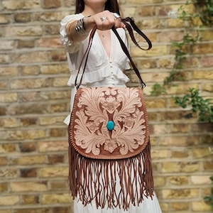 Tooled Leather Fringe Crossbody Bag: Western Floral Saddlebag