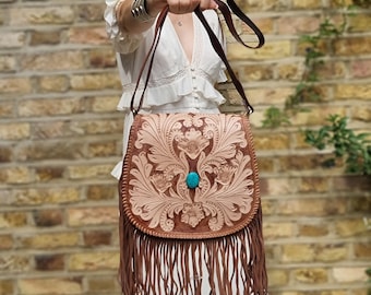 Tooled Leather Fringe Crossbody Bag: Western Floral Saddlebag