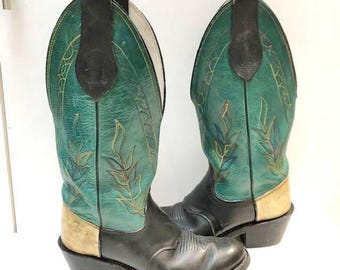Floral Embroidered Leather Cowboy Boots - Turquoise Western Ankle Boots UK 4 / EU 37