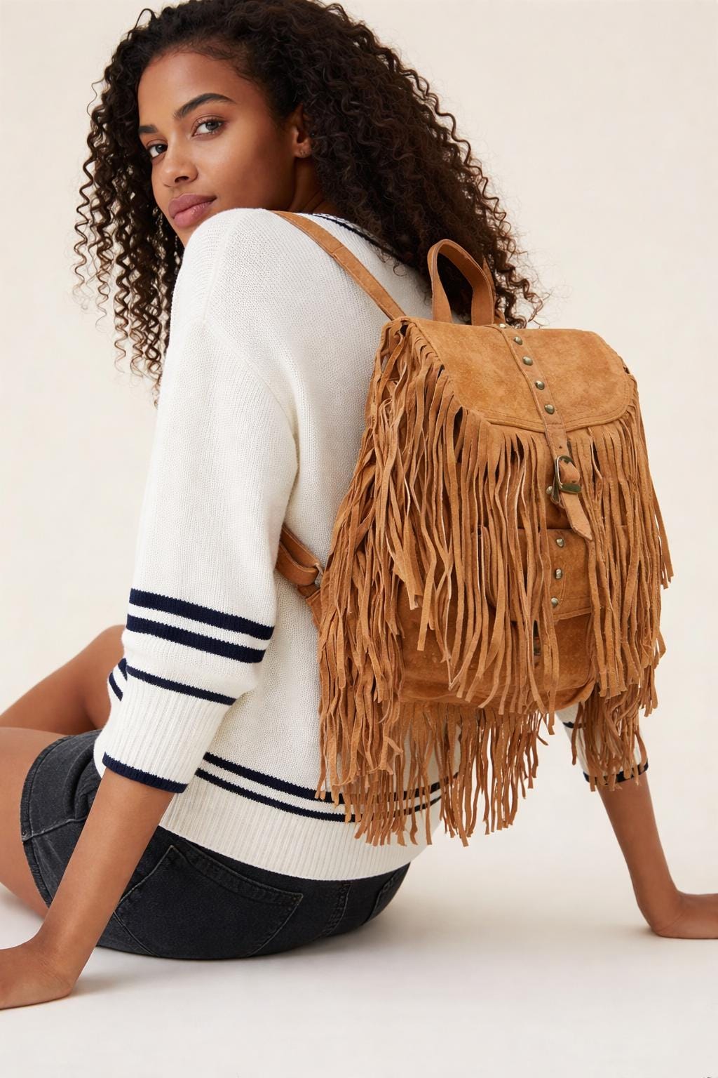 Suede Leather Fringe Backpack: Large Western Hippie Rucksack  display picture 1