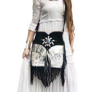 Cowhide Leather Crossbody Bag: Western Fringe, Beaded Boho Tote