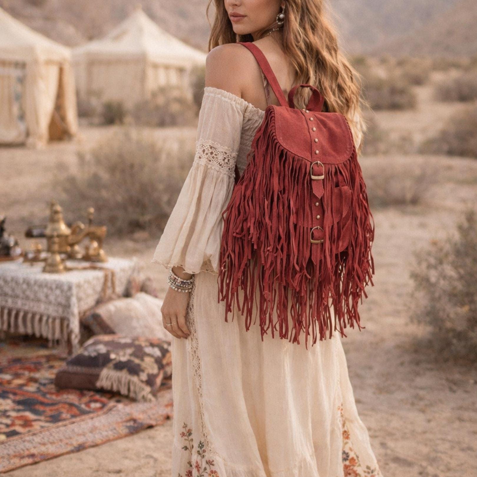 Handmade Pink Suede Fringe Backpack: Boho Western Travel Bag  display picture 2