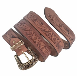 Tooled leather belt, women western leather belt, vintage boho belt for ladies, carved flower leaf pattern, full grain leather