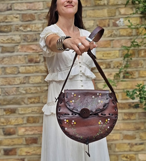 Vintage 70s Tooled Leather Saddle Bag: Embossed Floral Hippie