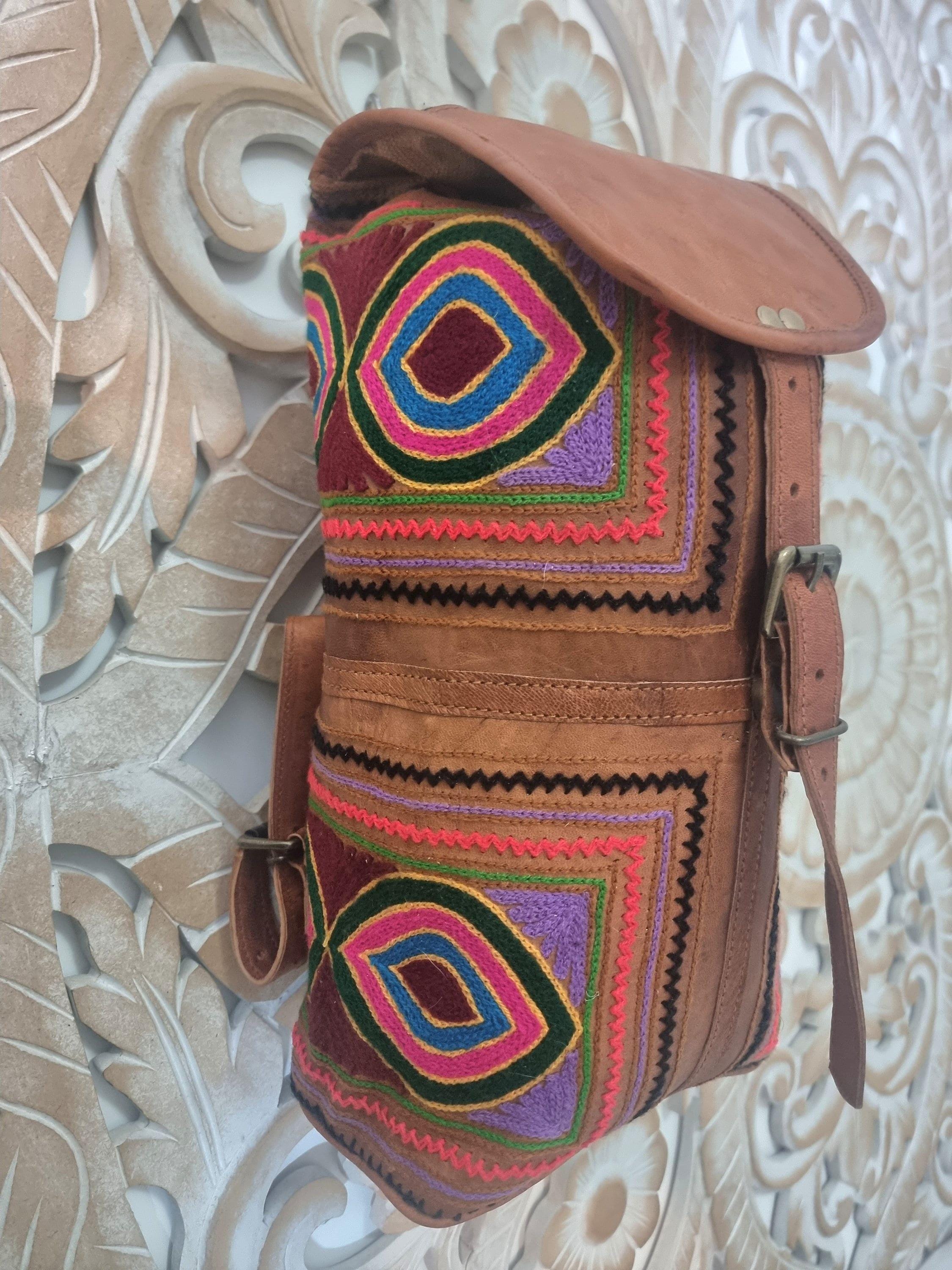 Kueros & Mas Womens Embroidered Leather Mini Backpack Sm Red Boho Festival PEBBLE MINI BACKPACK RED | Vegan Pebble Leather Backpack  main image 2