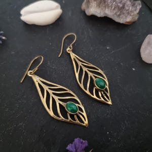 Filigree gold leaf drop earrings, malachite stone earrings, ethnic brass dangle earrings, forest fairy jewellery botanical design