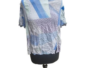 Vintage 1980s Geometric Colour Block Top – Retro Summer Blouse – Size Large UK 14