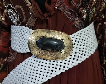 Vintage Braided Leather Hammered Medallion Belt Morocco Boho Bohemian Gypsy Y2K Vintage Moroccan Braided Leather Belt Large Metal Buckle  main image 3