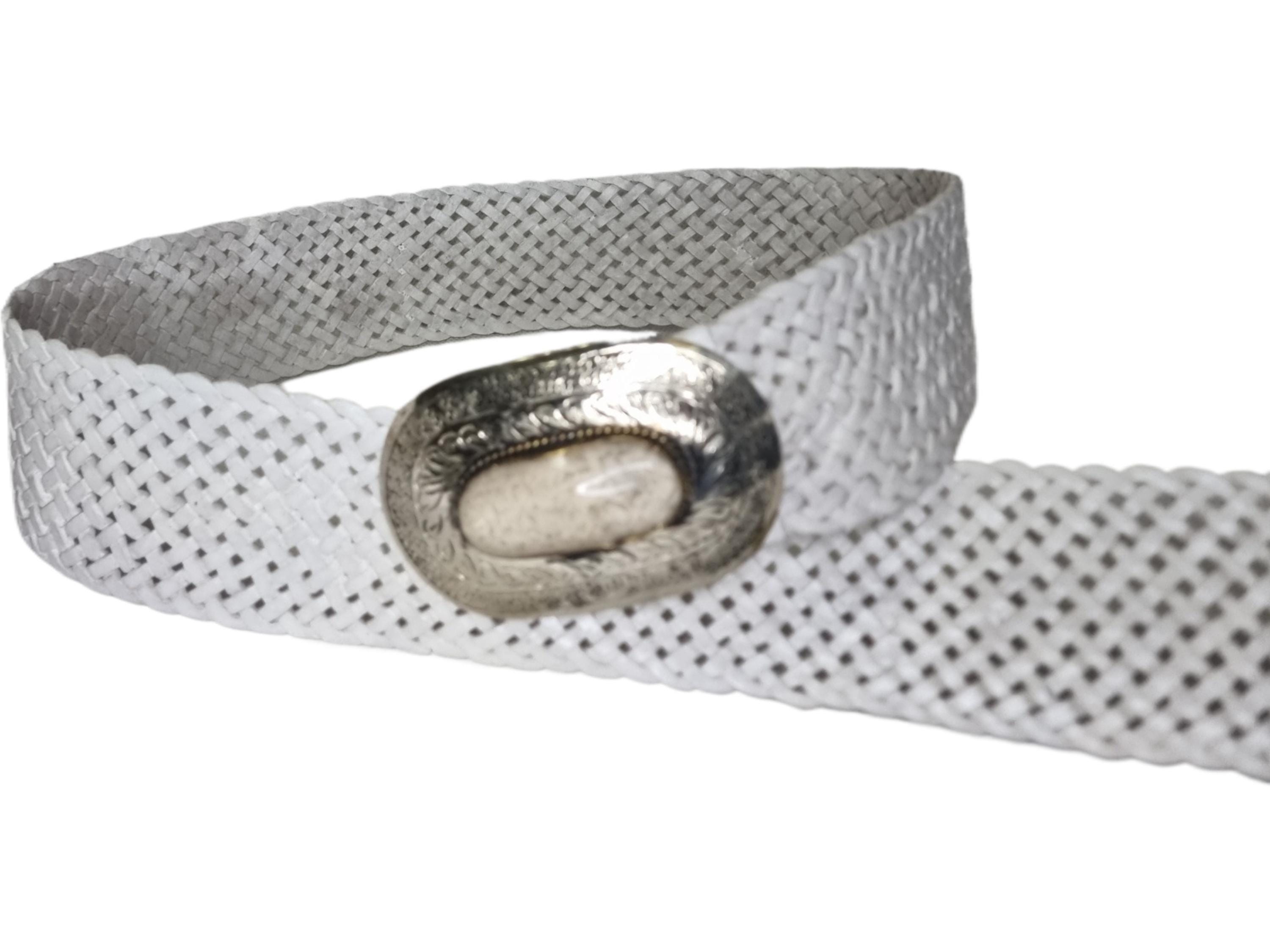 Woven White Leather Boho Belt: Silver Buckle, Moroccan  display picture 2