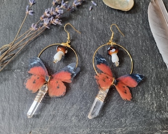 Boucles d'oreilles aile de papillon bohème : amanite mouche et quartz brut
