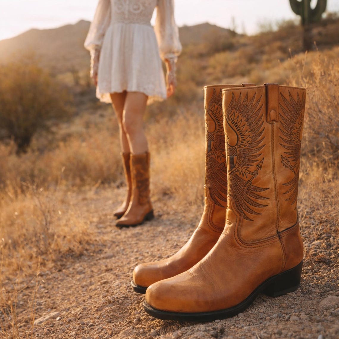 Vintage Tooled Tan Leather Biker Boots UK 8.5, Western Boots Men, Eagle Design Knee High Motorcycle Boots Women 42.5, American Workwear, foto 4 di 5
