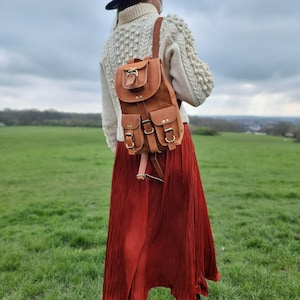 Small women&#39;s leather backpack with outside pockets – genuine leather rucksack for her - vintage travel bag - practical minimalist purse