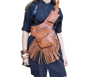Bolso bandolera de piel con flecos, riñonera para mujer, cinturón de bolsillo de viaje bohemio, atuendo para festivales