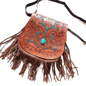 Turquoise boho fringe leather purse | bohemian shoulder bag
