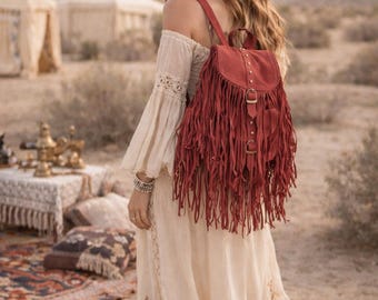 Handmade Suede Fringe Backpack: Boho Festival Rucksack