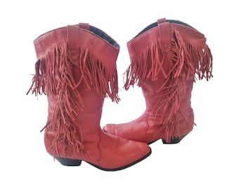 Western Fringe Red Leather Cowboy Boots for Women - Rodeo Cowgirl Style, US 6.5 38