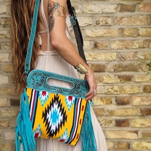 Turquoise Aztec Carpet Bag: Tooled Leather Handle, Vintage Western Purse