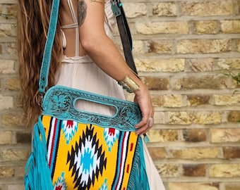 Turquoise Aztec Carpet Bag: Tooled Leather Handle, Vintage Western Purse