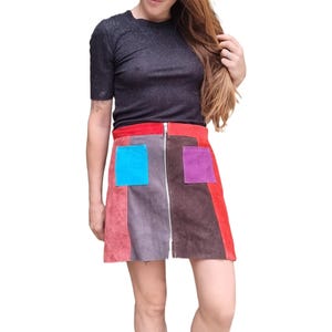 Vintage 1970s patchwork leather mini skirt | striped suede skirt with front pockets | boho festival skirt m